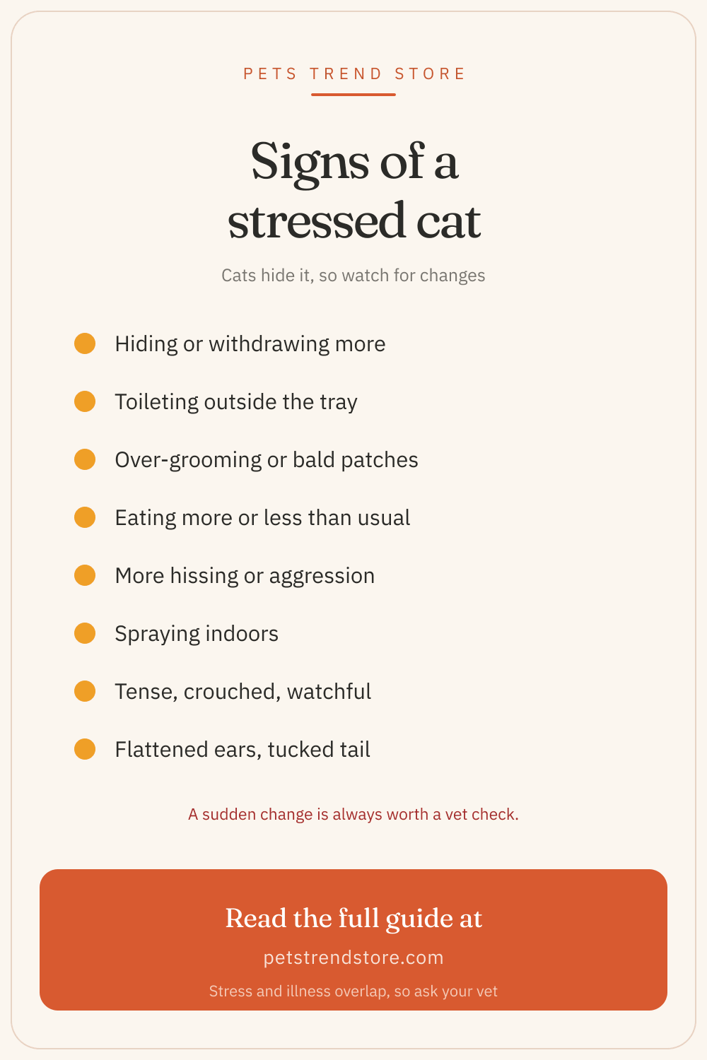 Signs of a stressed cat: hiding more, toileting outside the tray, over-grooming, appetite changes, more hissing, spraying, a tense crouched posture, and flattened ears with a tucked tail