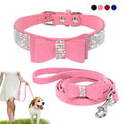 Rhinestone Dog Collar and Leash Soft Suede Bow for Doggie Puppy Cat Small Pet