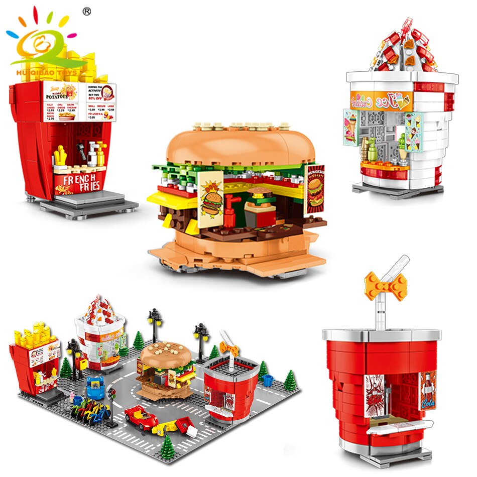 Hamburger Chicken Fast Food Shop Building Blocks Compatible Legoingly City Construction Street View Ice Cream Bricks Toys