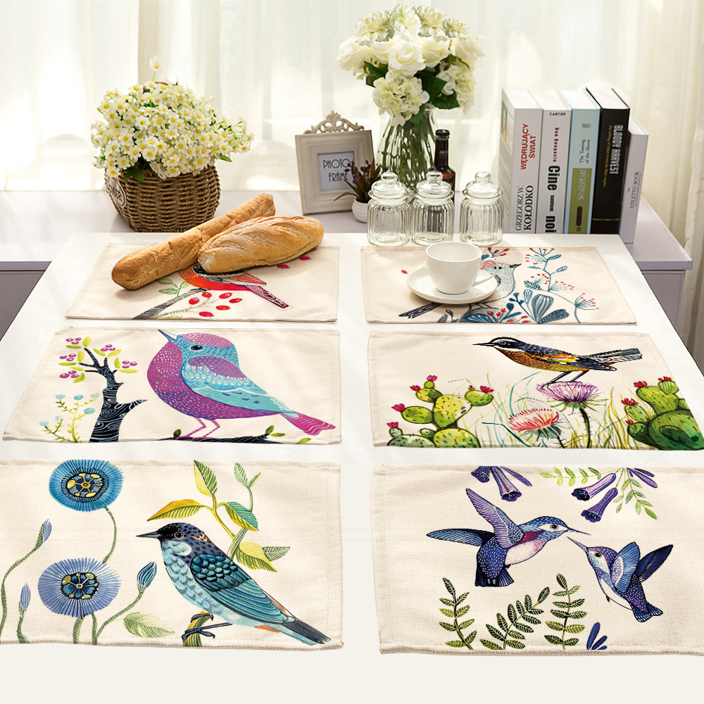Hand-painted Bird Printed Cotton-linen Western Food Cushion Tableware Cushion Placemat for Dining Table Placemat Coasters