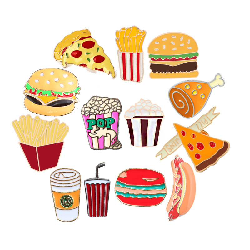 13 Style Snack Brooch Burger Pizza Chicken Drinks Coffee Popcorn French Fries Hot Dog Enamel Pins Food Brooche For Women Jewelry