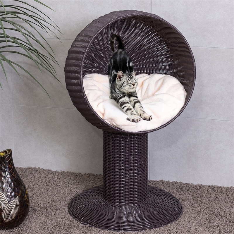17" Ball Hooded Rattan Adult Cat Bed House with Cushion PE Wicker Pet Beds PS6890