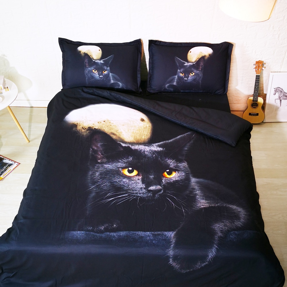 3PCS Set Beautiful Black Cat under Full moon 3d bed linen set