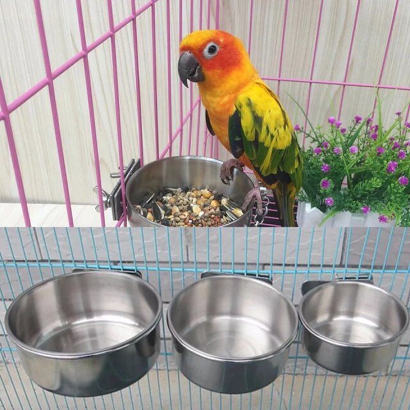 Bird Supplies Feeders Bowl Stainless Steel Food Water Feeding Bird Parrot Cups With Clamp Cage Stand Holder Food Bowl