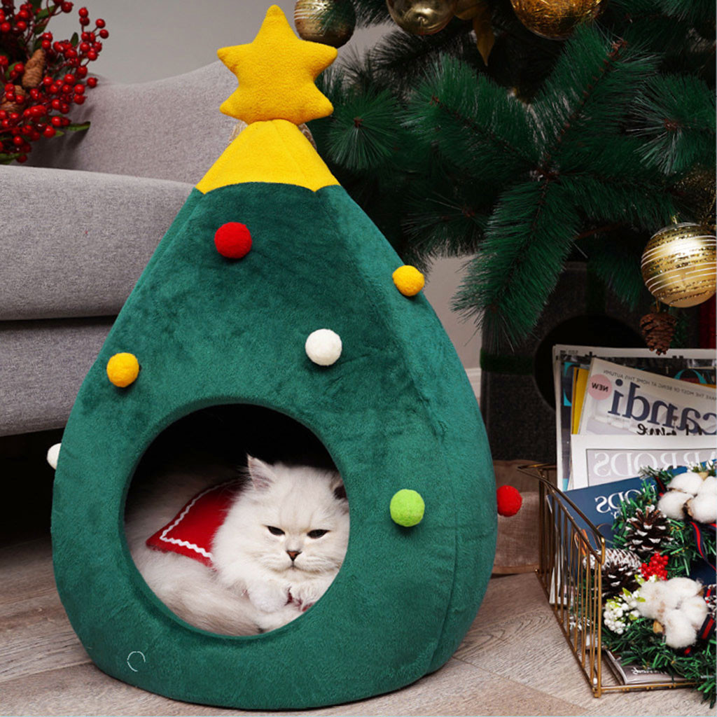 Durable Pet bed Cute Christmas tree shape Cat House Half Closed Christmas Warm Soft Winter Pet Cat Litter good gift for Cat*30