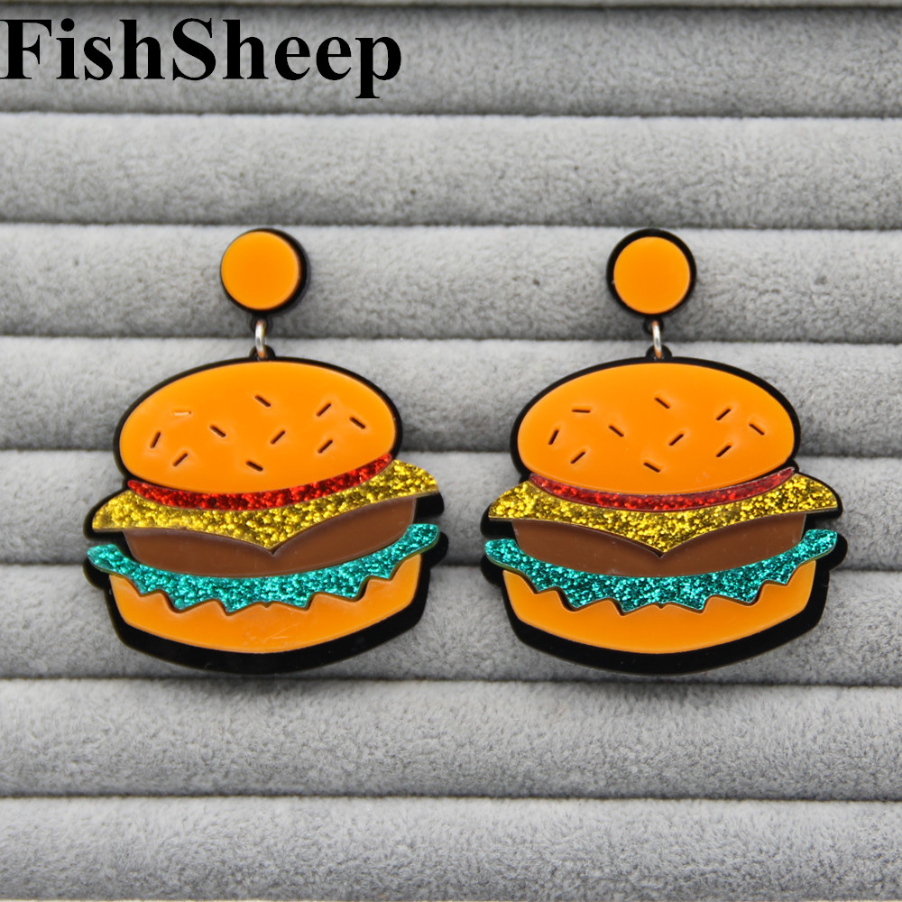 FishSheep Trendy Acrylic Hamburger Food Drop Earrings For Women Exaggerate Chicken Burger Dangle Earrings Party Prom Jewelry