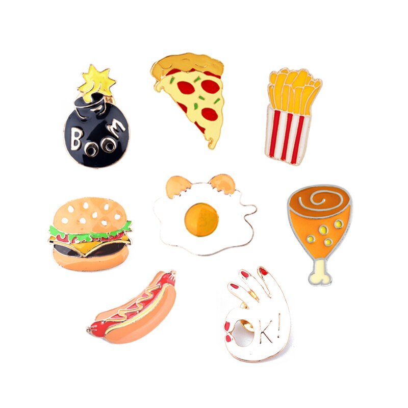 Foods French fries Boom OK Hamburger Chicken Leg Egg Pizza Hot Dog Brooch Pins Clothing Backpack Jacket Pin Badge Jewelry Gifts