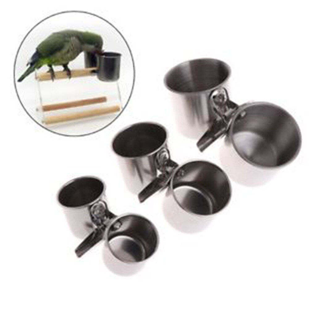 Pet Birds Food Water Feeding Cups With Clip Stainless Steel Parrot Cage Stand Feeder Food Dispenser Double Cups