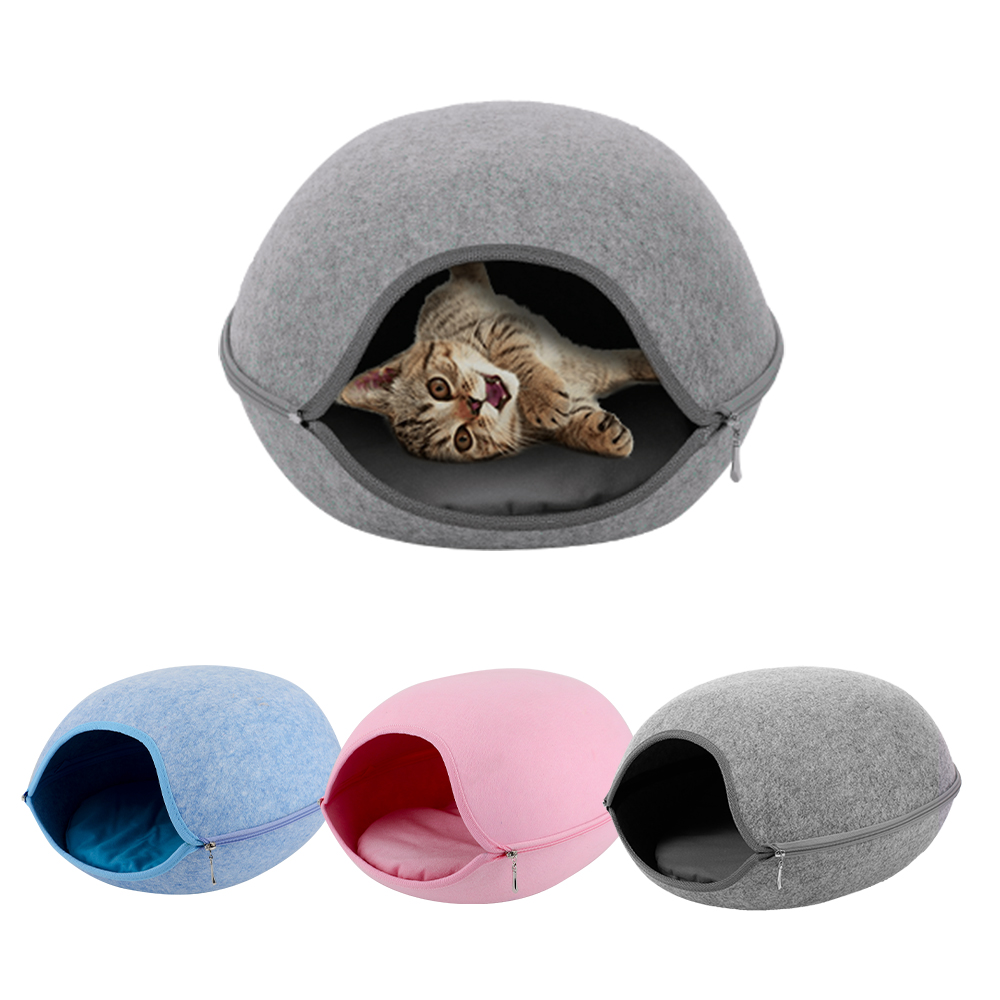 Pet Cat Bed Natural Felt Pet Cat House All seasons Zipper Design Cat Sleeping Cave With Cushion Pet Product