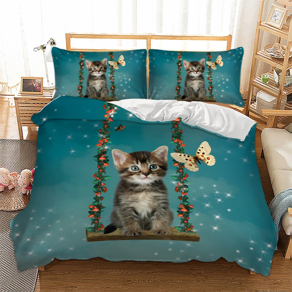 Cute Cat Swing Bedding Set 3D Animal Flower Duvet Cover with Pillowcases Twin Queen King Size Green Color Bed Linen 3pcs