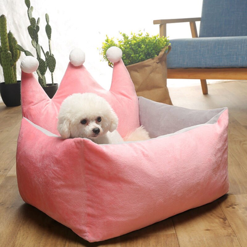 Warm Dog Bed Cute Pink Crown Pet Bed Warm Cotton Puppy Pet Dog Cat House for Small Medium Large Dogs Deep Sleeping Dog Mat