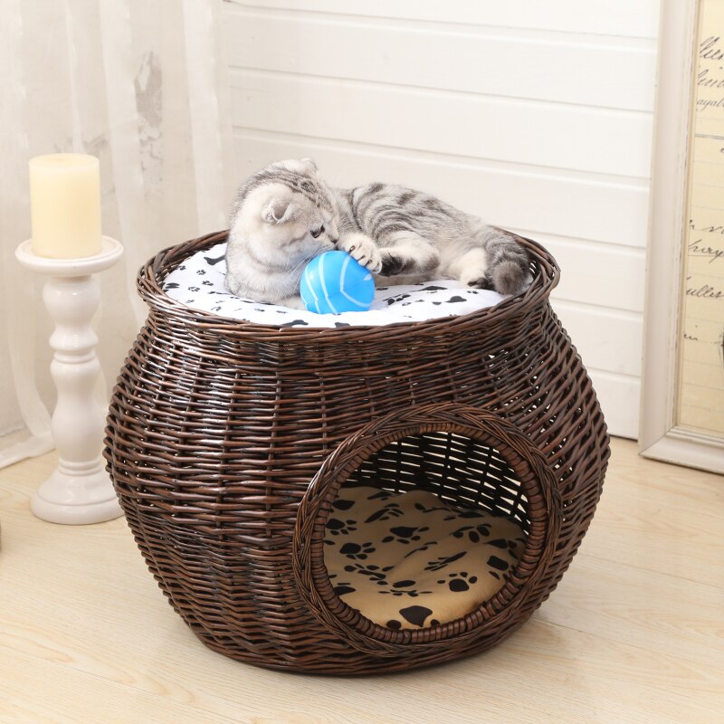 A manual Rattan Cat House Natural wicker weaving cat nest cat accessories Durable green with Thick mat for big pet