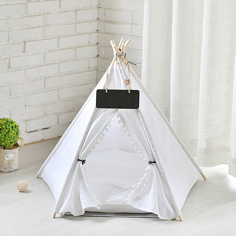 Pet Cat Dog Teepee with Cushion & Blackboard, Portable Dog Tents & Pet Houses, Wood Canvas Tipi Fold Pet Tent Small Animals Bed
