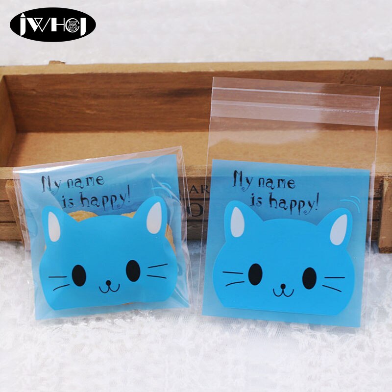 100pcs Blue cat cartoon 7*7cm adhesive cookies diy Gift Bag for Christmas birthday Party Candy Food&Handmade soap Packaging bags