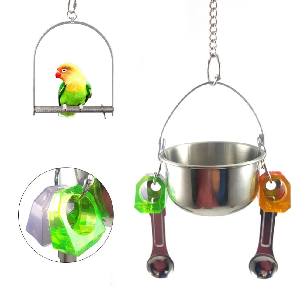 Bird Feeders Parrot Stainless Steel Cups Container Cage Hanging Food Bowl For Macaw African Greys Budgies Parakeet Cockatiel