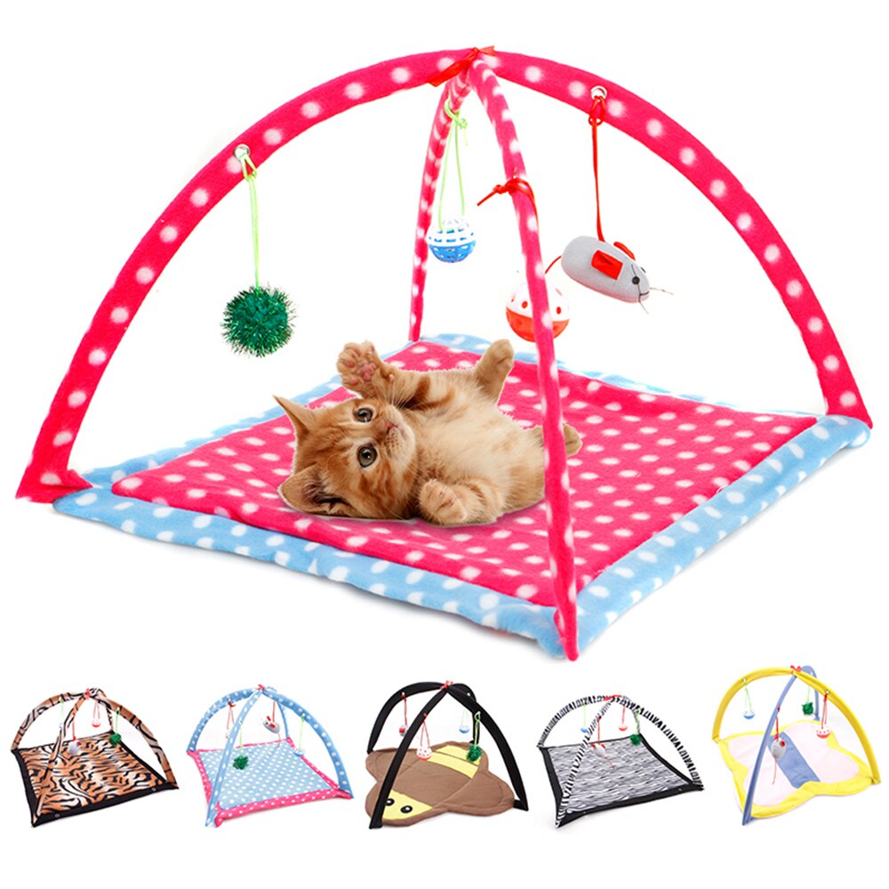 DIDIHOU Pet Kitten Cat Soft Fleece Folding Toy Mat Bed Tent with Hanging Mouse Doll Bell Ball Multi Pattern