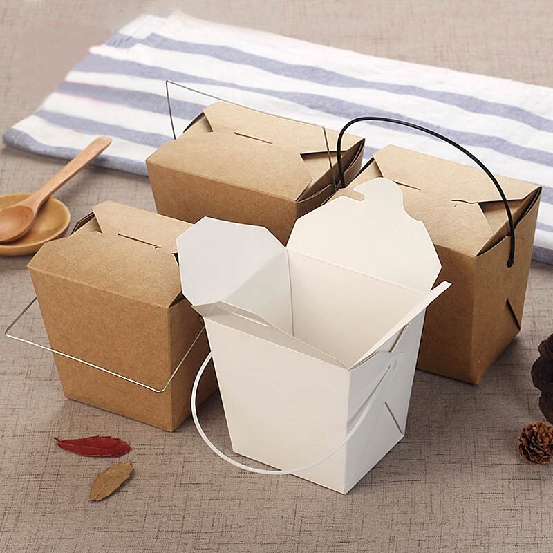 Disposable Kraft Paper Box Portable Handle Fried Food Cup Take Away Chicken Holder Chips Cups Restaurant Package Tools 40pcs