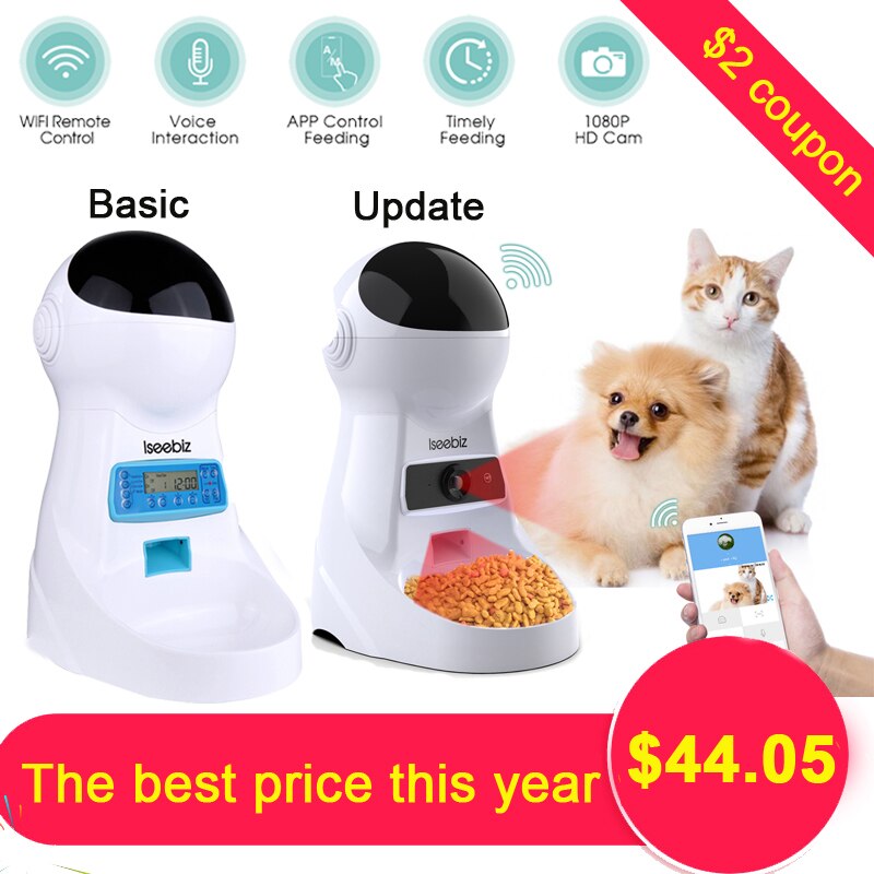 Iseebiz Wifi Automatic Cat Feeder 3L Pet Food Dispenser Feeder Medium and Large Cat Dog 4 Meal Voice Recorder and Timer