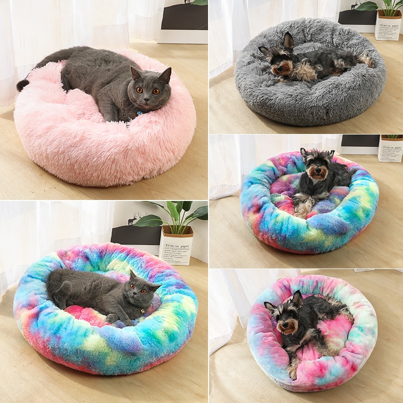 Long Plush Super Soft Pet Bed Kennel Dog Round Cat Winter Warm Sleeping Bag Puppy Cushion Mat Portable Cat Supplies 50/60cm