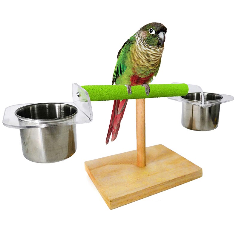 Multifunctional Parrot Bird Perch Table Top Wooden Stand With 2 Stainless Steel Feeding Cups For Water And Food Appliance.