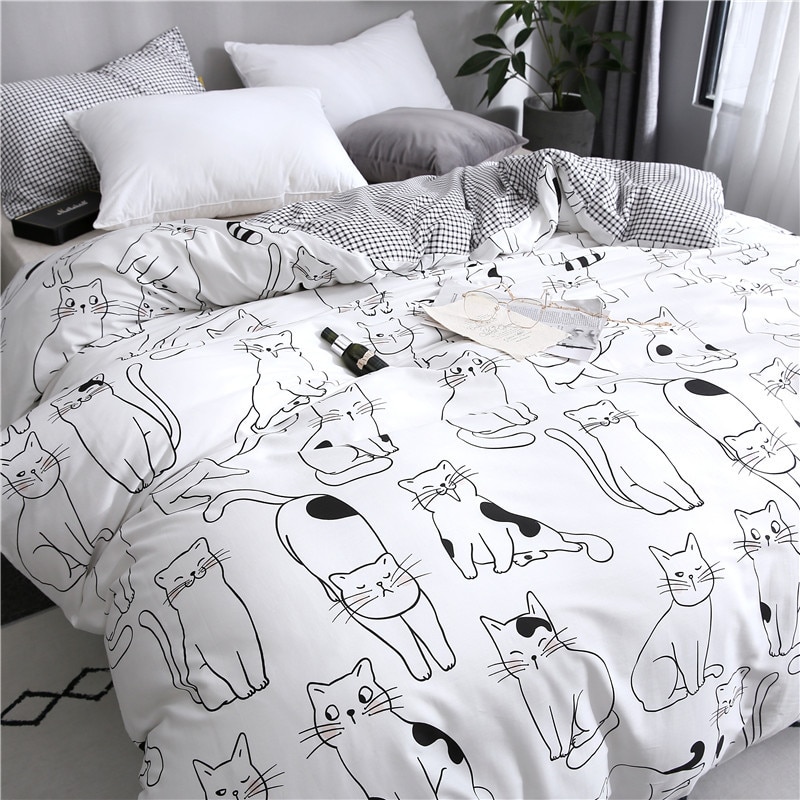 New Cartoon Cat Bedding Set Cotton Kawaii Comforter Bedding Sets For Women Girl King Twin Queen Size Bed Sheets And Pillowcases