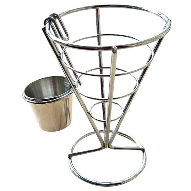 New-Cone Snack Fried Chicken Display Rack Fries Foods Stand Holder Fry Chips Cone Metal Wire Basket With Sauce Dippers