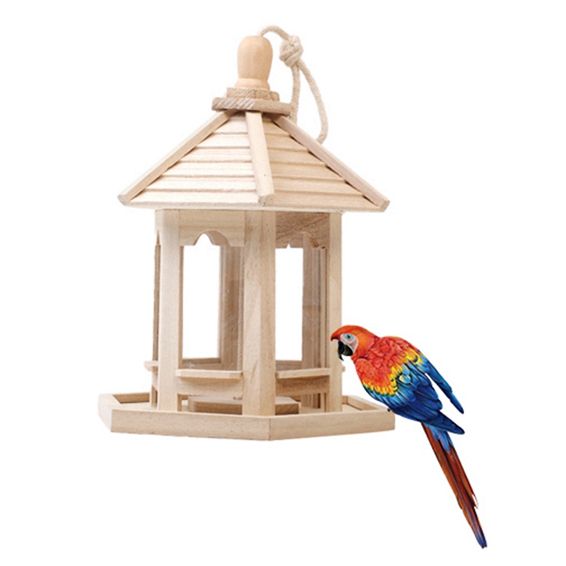 Outdoor Wooden Birds House Shaped Feeder Food Container with Hang Rope for Garden Park Bird Feeder Hotel Table Seed Peanut Y
