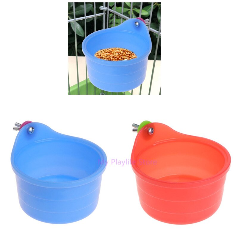 Parrot Feeder Plastic Water Food Feeding Birds Hamster Chinchilla Fixable Bowl Bird Feeding Supplies Blue/Red C42