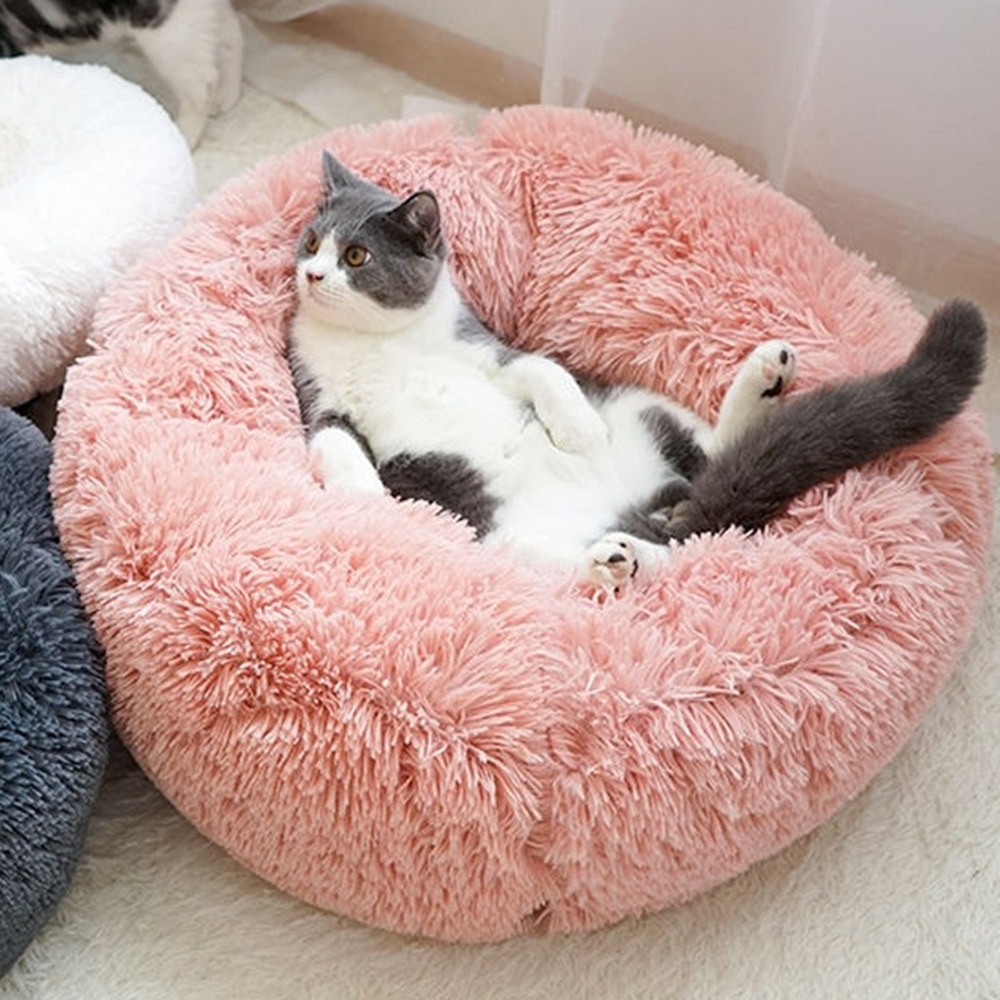 Pet Bed Long Plush Cat Bed Soft Round Mat Cat House Self-Warming Plush Cushion Dog Bed Kennels Machine Washable