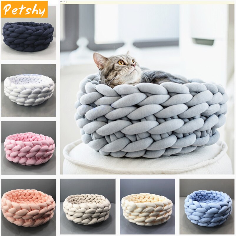 Petshy Handmade Knit Cat Beds Mats Warm Soft Small Dogs Kennel Puppy Kitten Cave Basket Sleeping Bag Detachable DIY Pet House