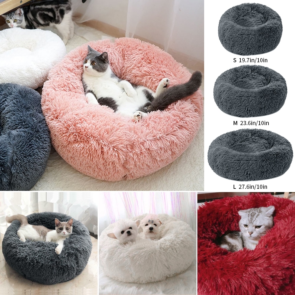 Round Plush Cat Bed House Soft Long Plush Cat Bed Round Pet Dog Bed For Dogs Cats Nest Winter Warm Sleeping Bed Puppy Mat
