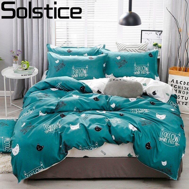 Solstice Cartoon green Printing cat head Children/kid Bedding Sets Duvet Cover Bed Sheet Pillowcase Bed Cover Linens Bedclothes
