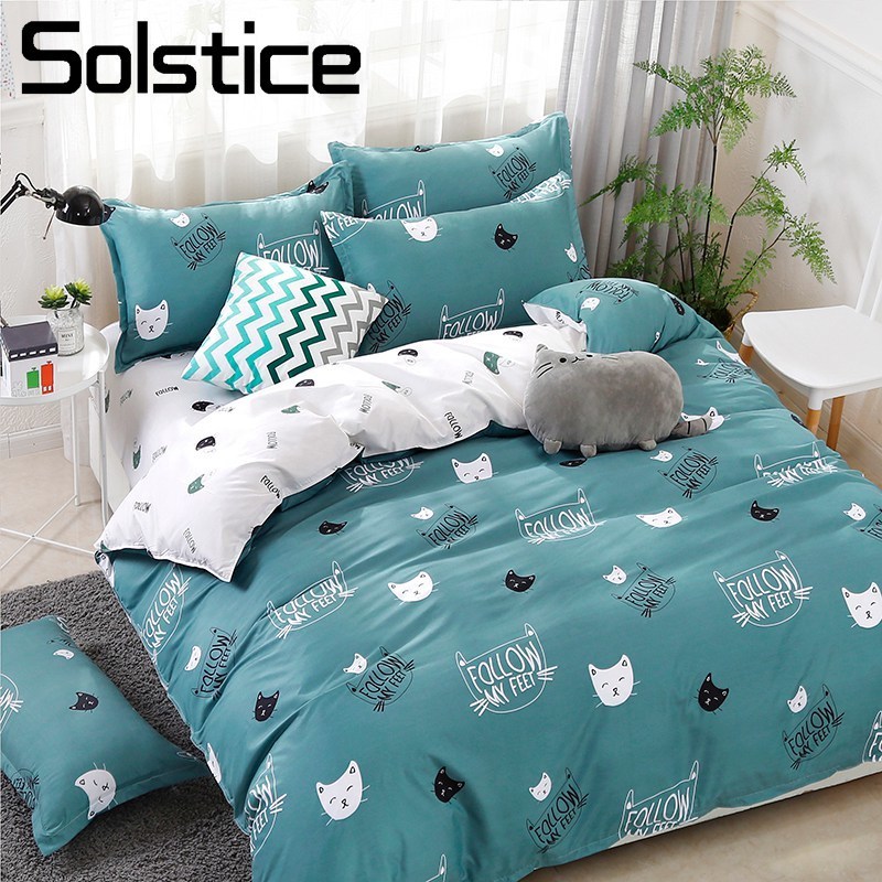Solstice Home Textile Cyan Cute Cat Kitty Duvet Cover Pillow Case Bed Sheet Boy Kid Teen Girl Bedding Linens Set King Queen Twin