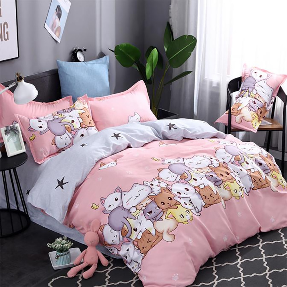 Thumbedding Cartoon Cat Bedding Set For Girls Cute Fashion Pink Duvet Cover King Queen Full Twin Single Unique Design Bed Set