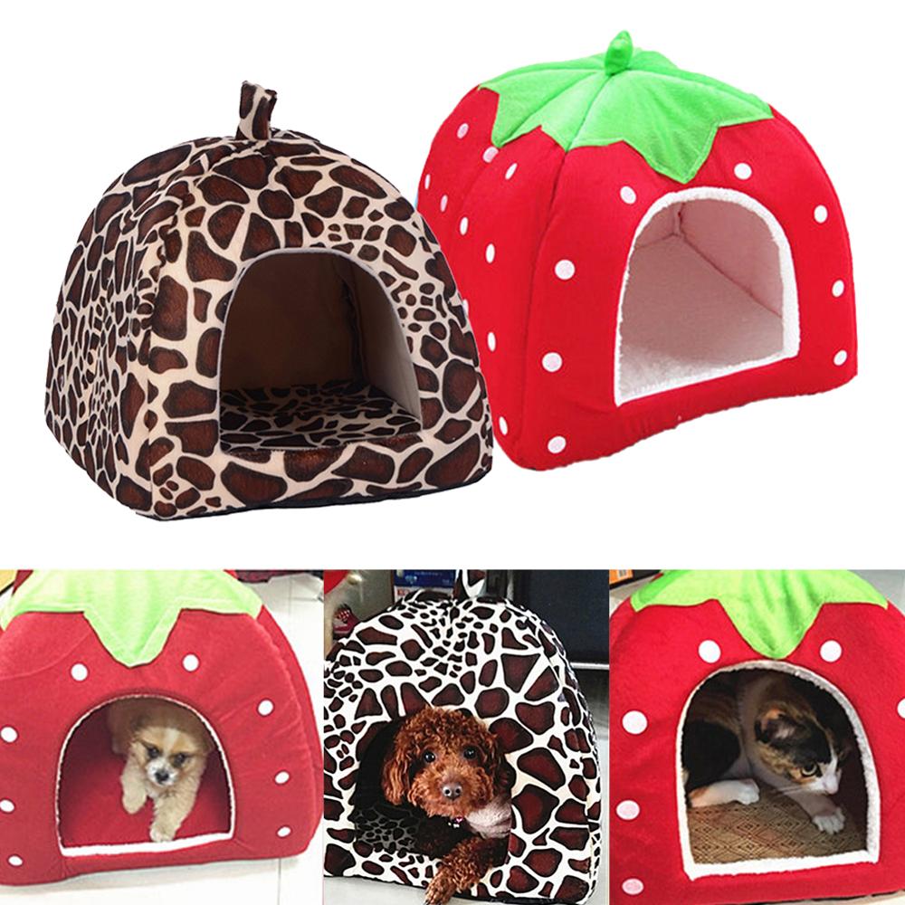 Warm Soft Dog Bed for Small Medium Dogs Leopard Strawberry Foldable Hamster Cave Puppy Dog Bed Kennel Cat House Pet Products