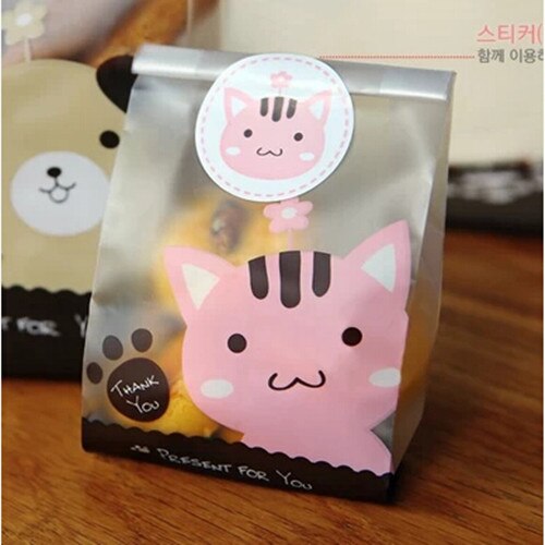 Wholesale Pink Cat Top Open Cookie Bags Candy Plastic Gift Bags Bulk for Bakery Food Packaging 7*15 cm