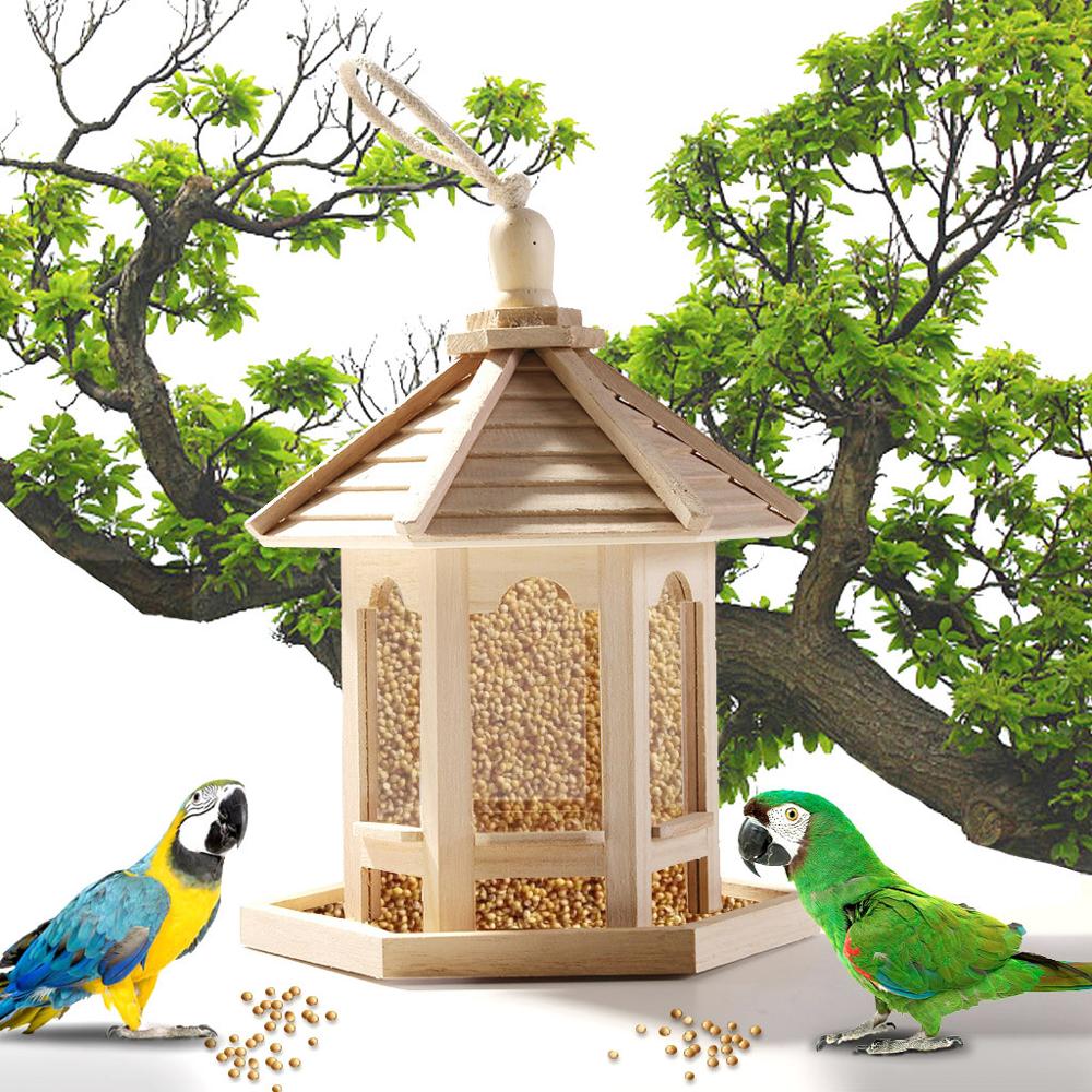 Wooden Bird Feeders Hanging Type Outdoor Pet Bird Seeds Food Feeder Tree Garden Snacks Bucket Holder Bird Feeder Feed Station
