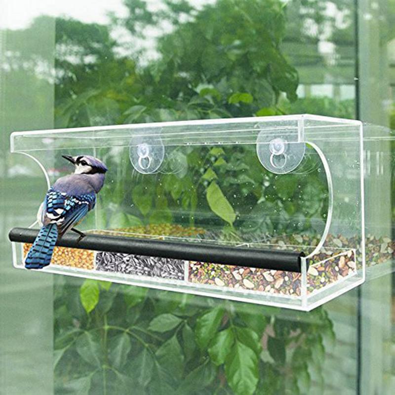 Acrylic Automatic Bird Seed Feeder Transparent Wall Mounted Pet Feeding Device Removable Tray Outdoor Three Grid Food Container