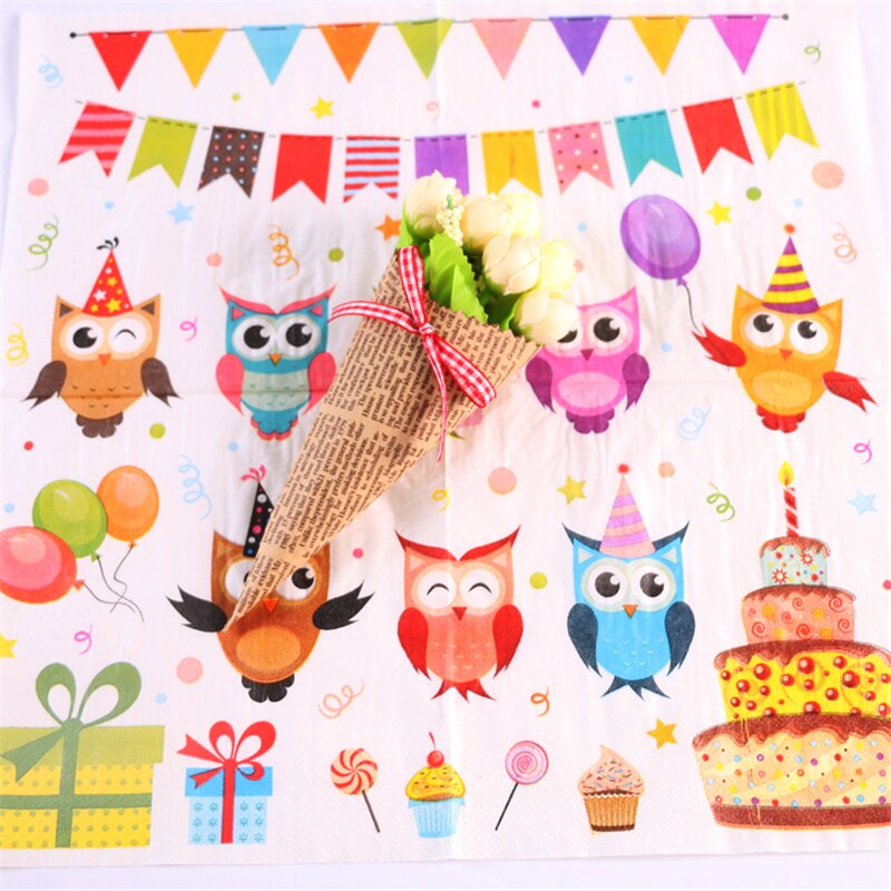 Decoupage Napkin paper party tissue for kids printed animal bird owls ballon cake gifts star happy Birthday Party Decor Supplies