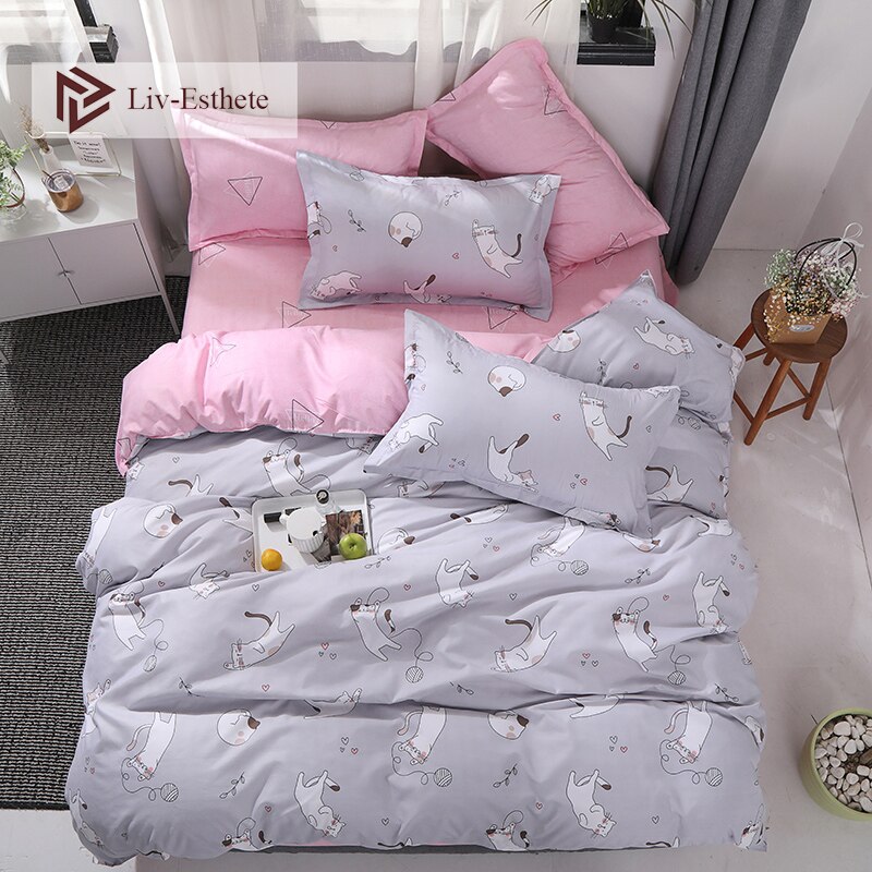 Liv-Esthete Wholes Cartoon Cute Cat Bedding Set Double Queen King Bed Linen Soft Duvet Cover Flat Sheet Pillowcase For Adult