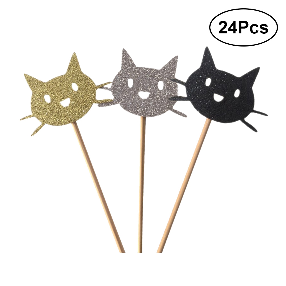 24pcs Insert Card Decorative Unique Lovely Cat Shape Supplies Cake Topper for Baby Shower Party Birthday