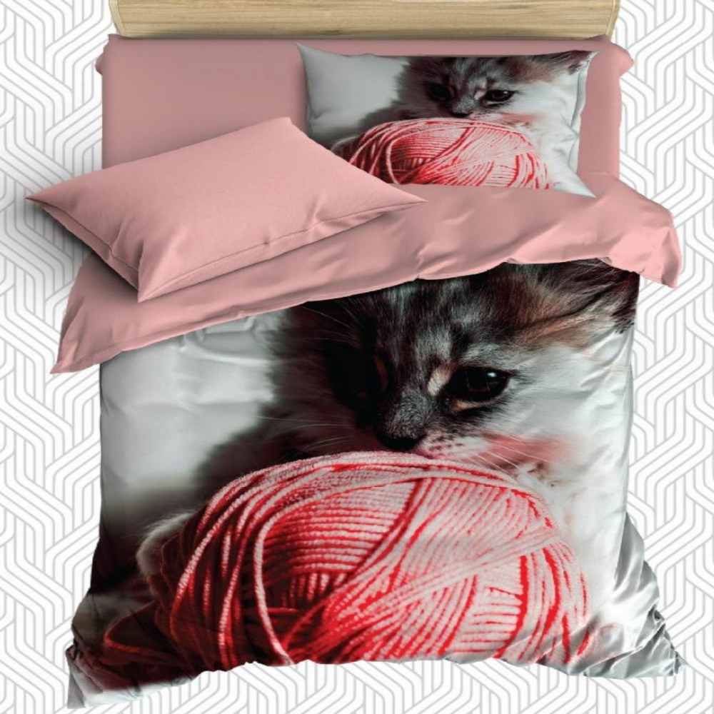 Else 4 Piece Pink Ball of Yarn Kitten Cute Little Cat 3D Print Cotton Satin Single Duvet Cover Bedding Set Pillow Case Bed Sheet
