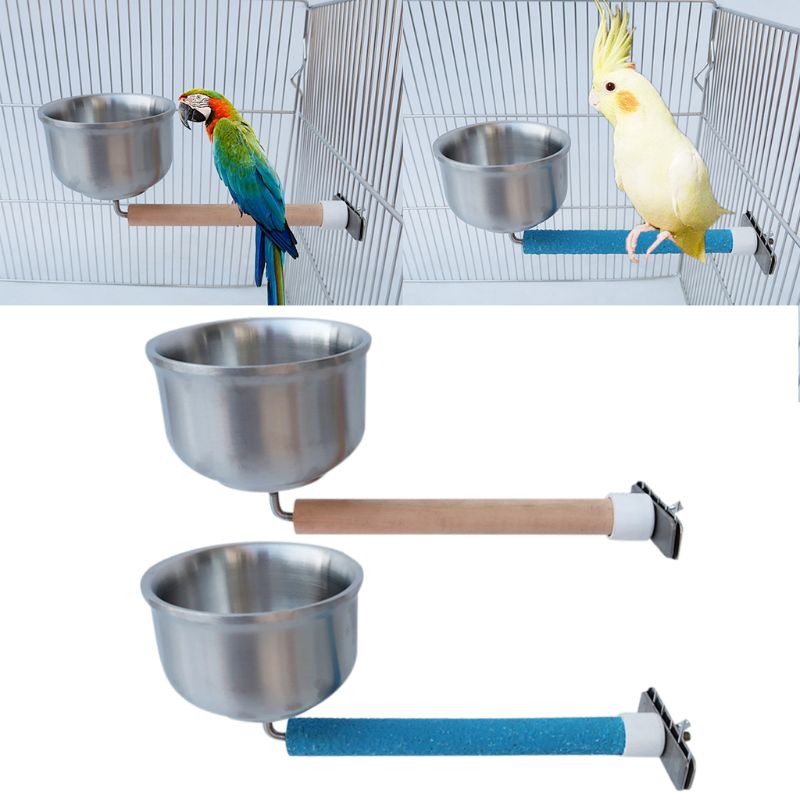 Bird Feeding Cups Parrots Perch Stainless Steel Food Bowl Water Dish with Clamp