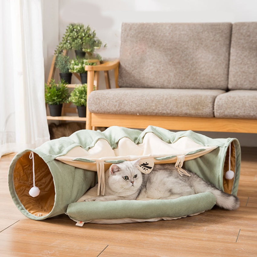 Cotton cat bed cat tunnel foldable, soft and comfortable, with ball, pets don't get bored fun interactive game toys