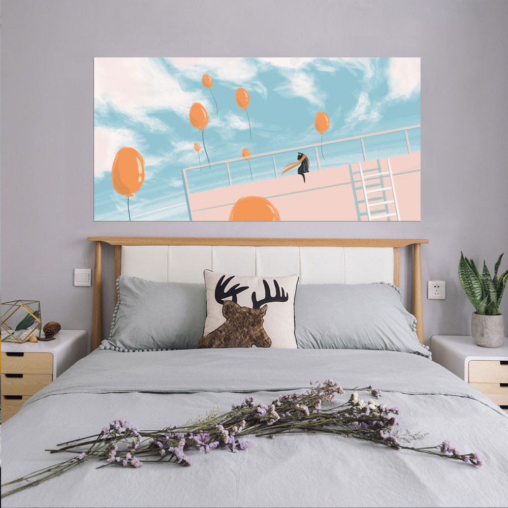 Creative Bed Head Decoration Wall Stickers Cartoon Cat on Rooftop Pattern for Bedroom Decor Large Size DIY Mural Art Pictures