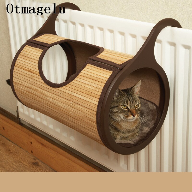 Natural Bamboo Radiator Cat Bed Cat Tunnel House Hanging Wall Pet Mat Habitat Cat Scratch Board Toys Soft Kitty Hanging Beds