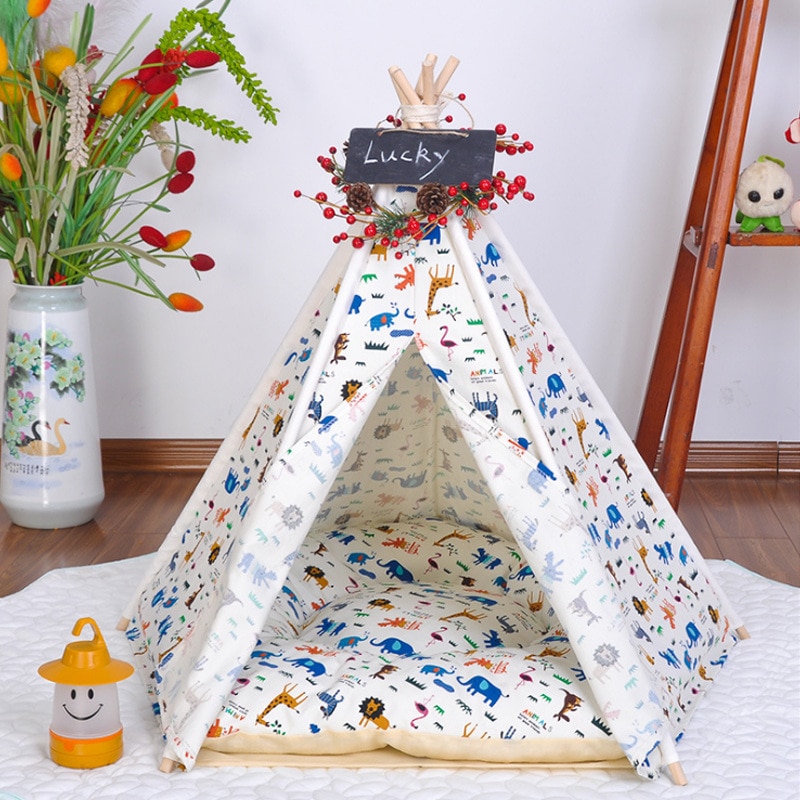 Pet Teepee Dog & Cat Bed - Portable Dog Tents & Pet Houses with Thick Cushion & Blackboard, 24 Inch Tall, for Pets Up to 16lb
