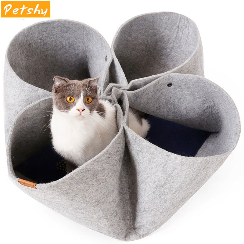 Petshy Felt Creative Novel Flower Foldable Cat Bed Tunnel Small Pet Multifunction Cat Kennel Nest House Cats Play Tunnel Cave