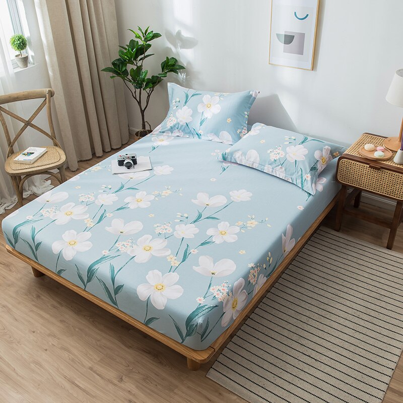 Spring Flowers Printed Green Bed Sheet Four Corner with Elastic Band Cotton Fitted Sheet Bed Linen 120*200cm 150*200cm 180*200cm