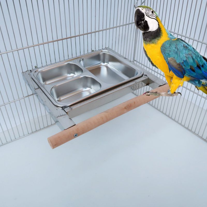 Stainless Steel Bird Feeder Feeding Cups Food Water Bowl with Clamp Parrot Cage Feeding Dish with Wood Perch Stand for Birds C42